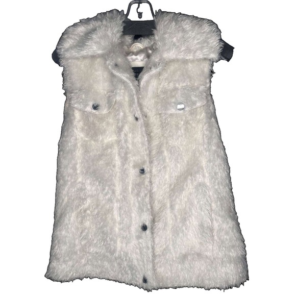 GUESS Womens vest Faux Fur Leather Sleeveless‎ button up Y2K white Size medium - Picture 1 of 7